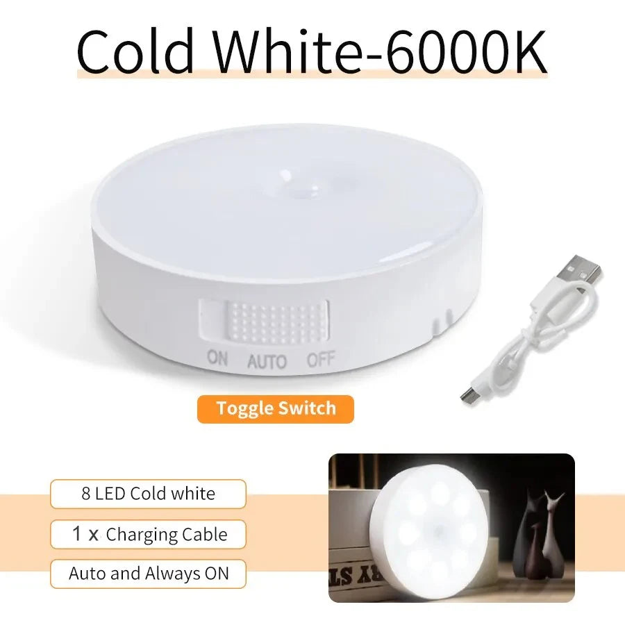 Motion Sensor LED Night Light, Wireless Magnetic Round Lamp for Kitchen Cabinet, Bedroom & Home Atmosphere Decor