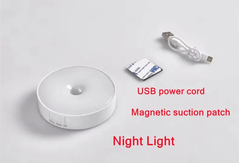 Motion Sensor Light LED USB NightLights Round Chargeable Lamp For Bedroom Kitchen Stair Hallway Wardrobe Lighting Cupboard Lamp