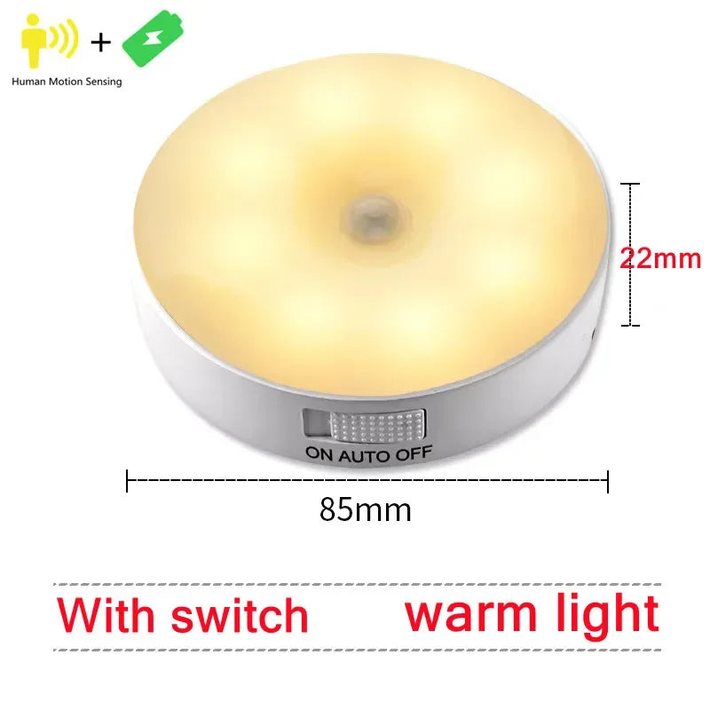 Motion Sensor Light LED USB NightLights Round Chargeable Lamp For Bedroom Kitchen Stair Hallway Wardrobe Lighting Cupboard Lamp