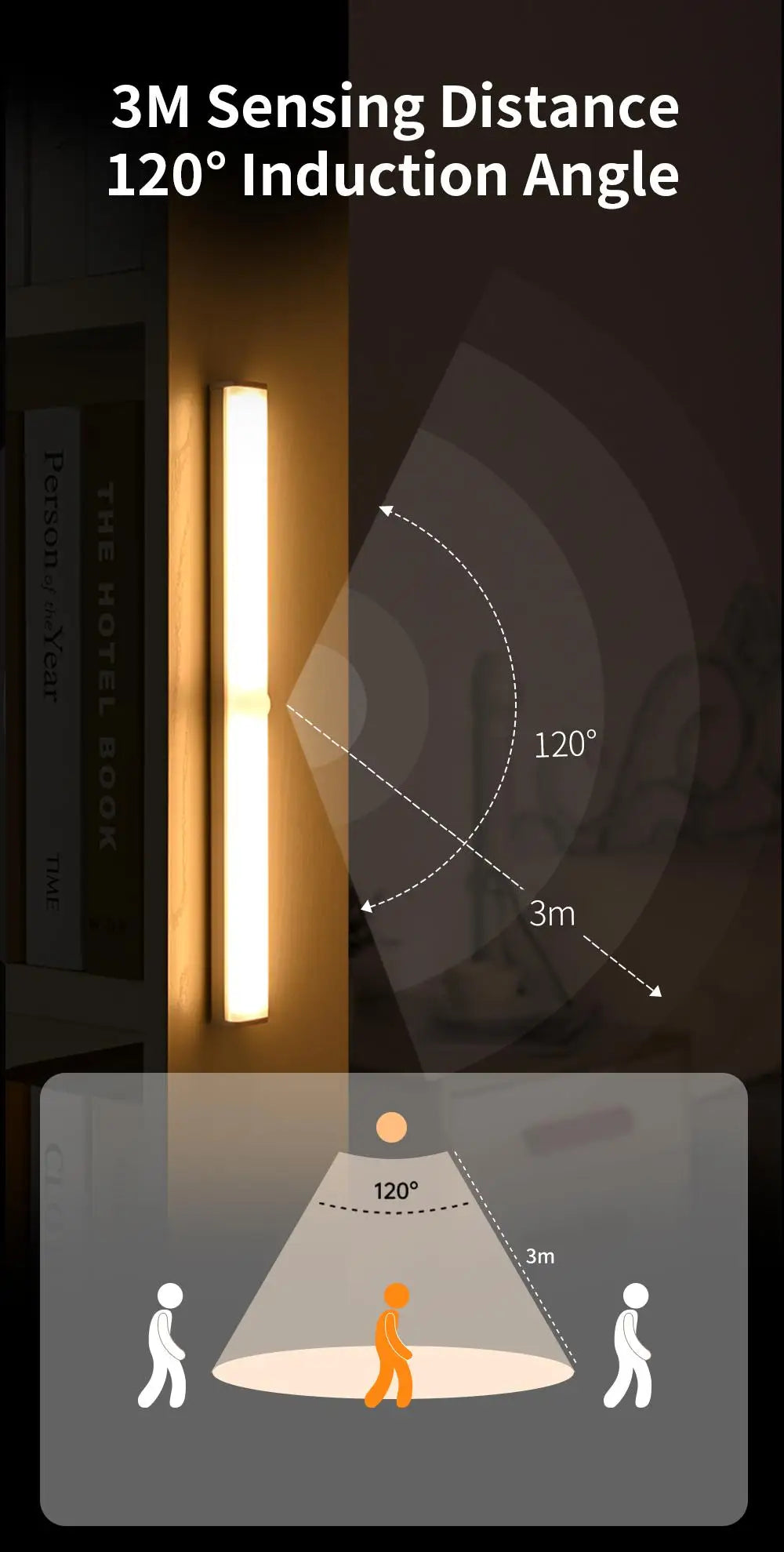 Motion Sensor Light Wireless USB Rechargeable Wall Lamp 3 Colors Dimming Kitchen Wardrobe Bedroom Closet Cabinet LED Lighting