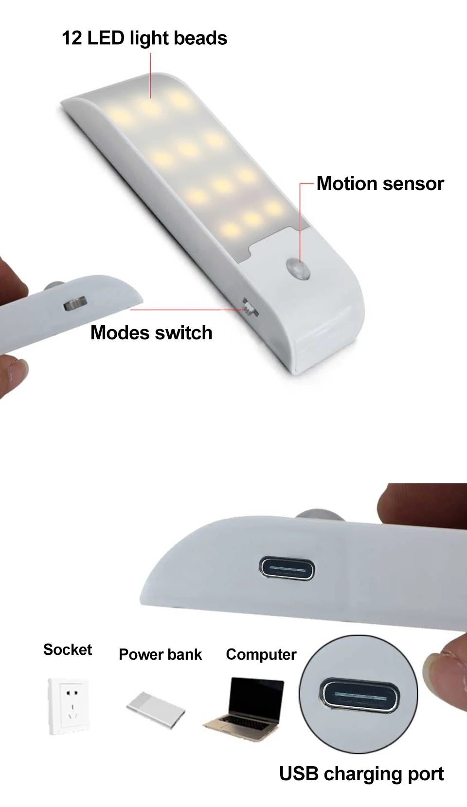 Motion Sensor LED Night Light Wireless Rechargeable Powered LED Cabinet Lamp For Bedroom Kitchen Wardrobe Staircase Lighting