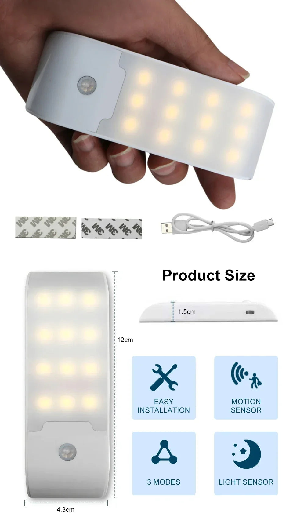 Motion Sensor LED Night Light USB Rechargeable Wall Light For Cabinet Closet Aisle Staircase Bedside Bedroom Night Lights