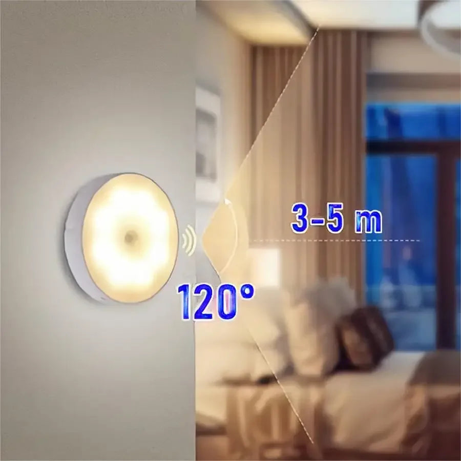 Motion Sensor Light LED USB NightLights Round Chargeable Lamp For Bedroom Kitchen Stair Hallway Wardrobe Lighting Cupboard Lamp