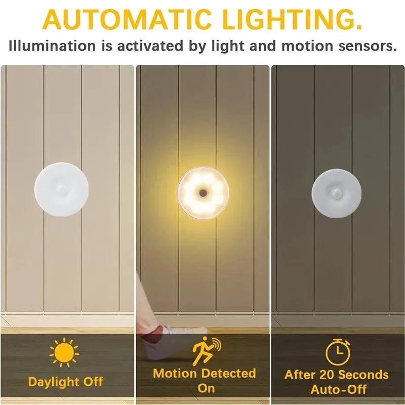 Motion Sensor Light LED USB NightLights Round Chargeable Lamp For Bedroom Kitchen Stair Hallway Wardrobe Lighting Cupboard Lamp