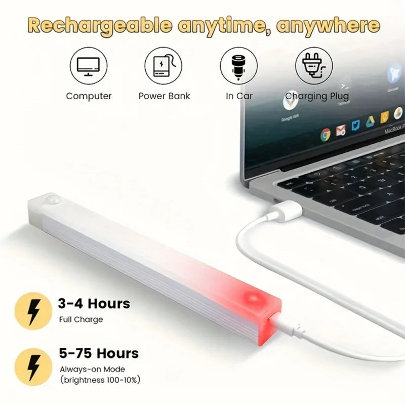 Motion Sensor Lamp, Wireless LED Bar Light USB Type C Rechargeable Night Light for Kitchen Cabinet Bedroom Wardrobe Staircase