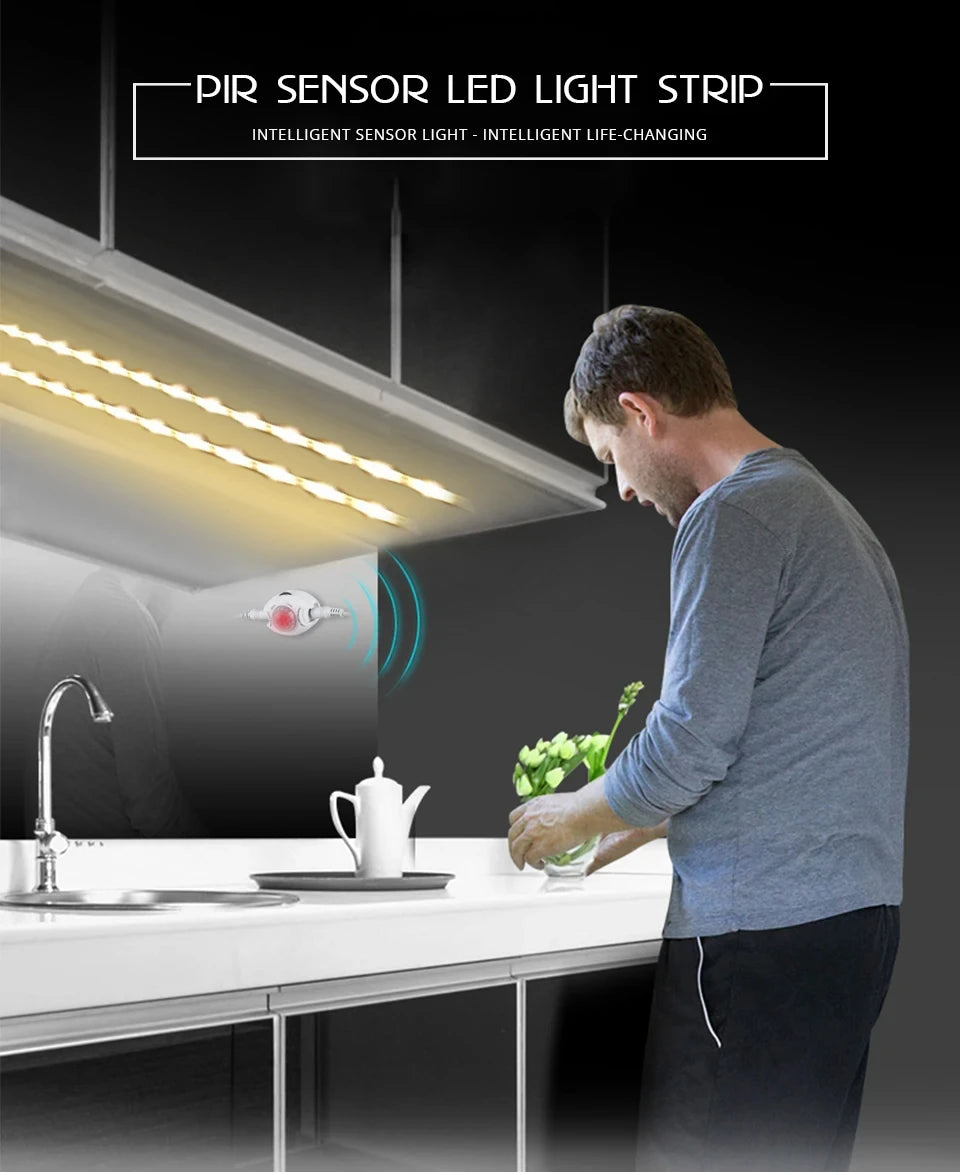 Motion Sensor LED Under Cabinet Light 1m 2m 3m 4m 5m 12V Flexible PIR Night Light Kitchen Wardrobe Bed Lighting IP65 Waterproof