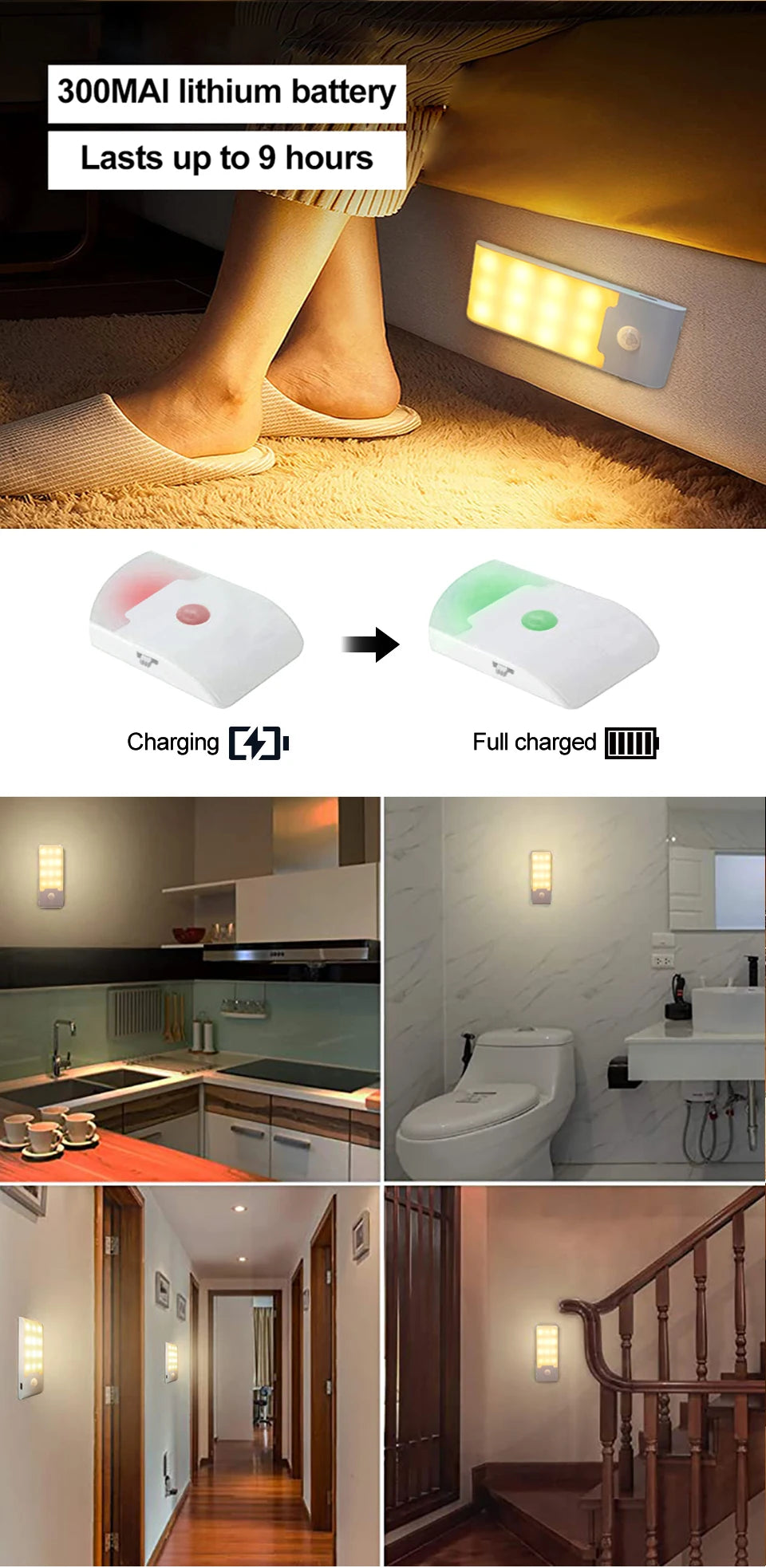 Motion Sensor LED Night Light Wireless Rechargeable Powered LED Cabinet Lamp For Bedroom Kitchen Wardrobe Staircase Lighting