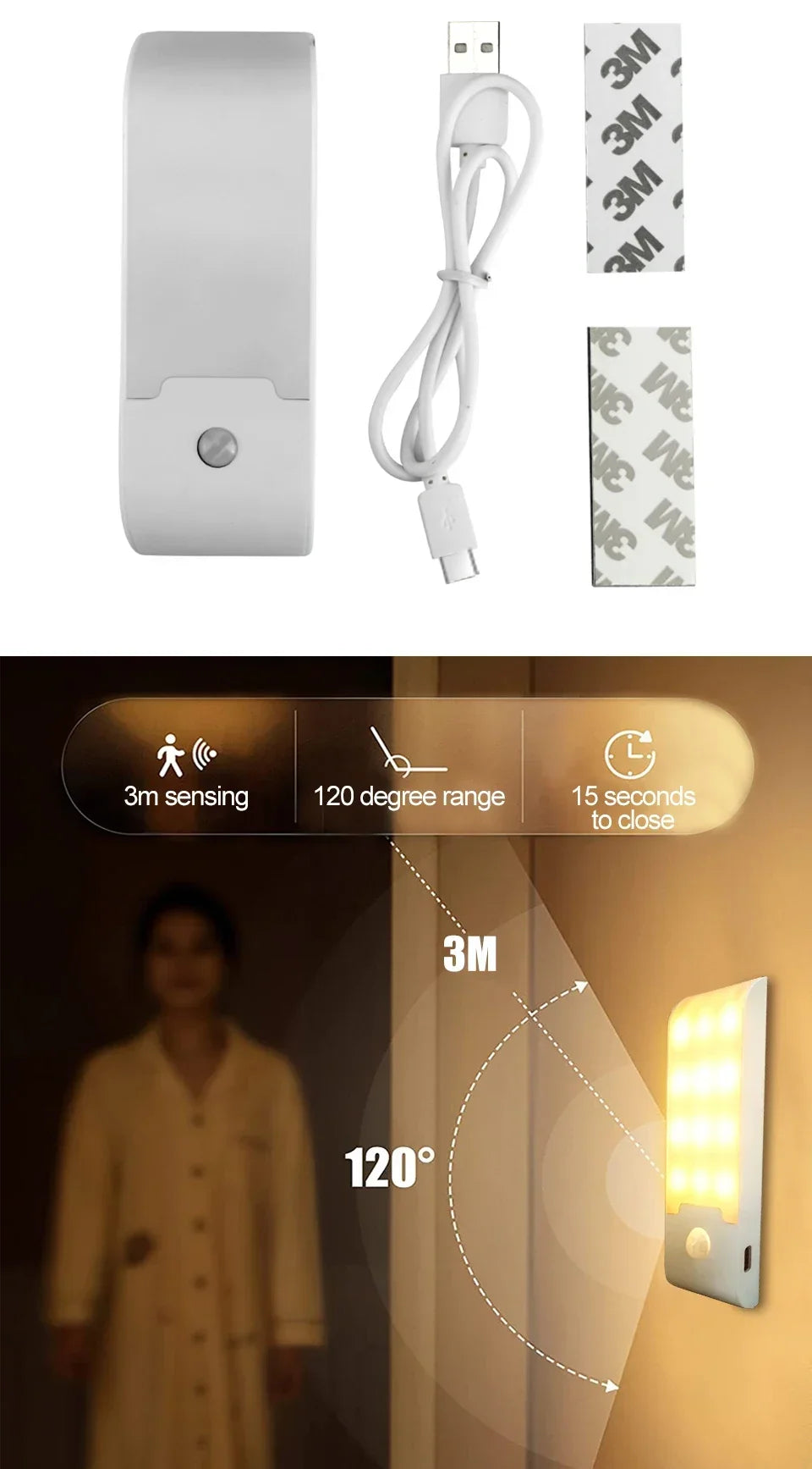 Motion Sensor LED Night Light USB Rechargeable Wall Light For Cabinet Closet Aisle Staircase Bedside Bedroom Night Lights