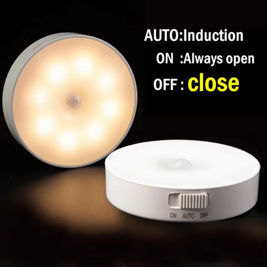 Motion Sensor Light LED USB NightLights Round Chargeable Lamp For Bedroom Kitchen Stair Hallway Wardrobe Lighting Cupboard Lamp