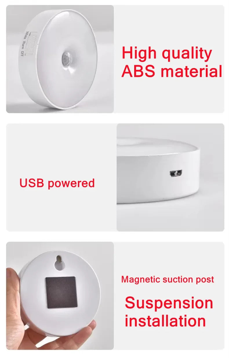 Motion Sensor Light LED USB NightLights Round Chargeable Lamp For Bedroom Kitchen Stair Hallway Wardrobe Lighting Cupboard Lamp