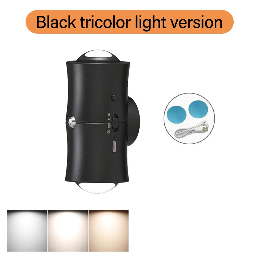 Motion Sensor LED Wall Light Tricolor RGB Rechargeable Double-head Magnetic Spotlight For Bedroom Hallway Stair Ambient Lightin