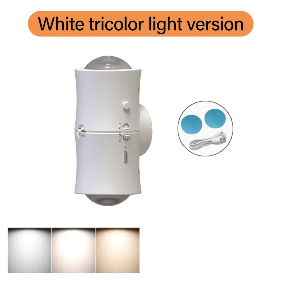 Motion Sensor LED Wall Light Tricolor RGB Rechargeable Double-head Magnetic Spotlight For Bedroom Hallway Stair Ambient Lightin