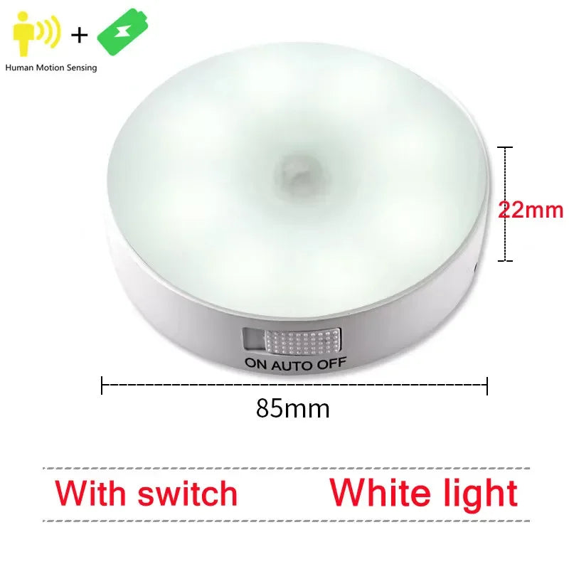 Motion Sensor Light LED USB NightLights Round Chargeable Lamp For Bedroom Kitchen Stair Hallway Wardrobe Lighting Cupboard Lamp