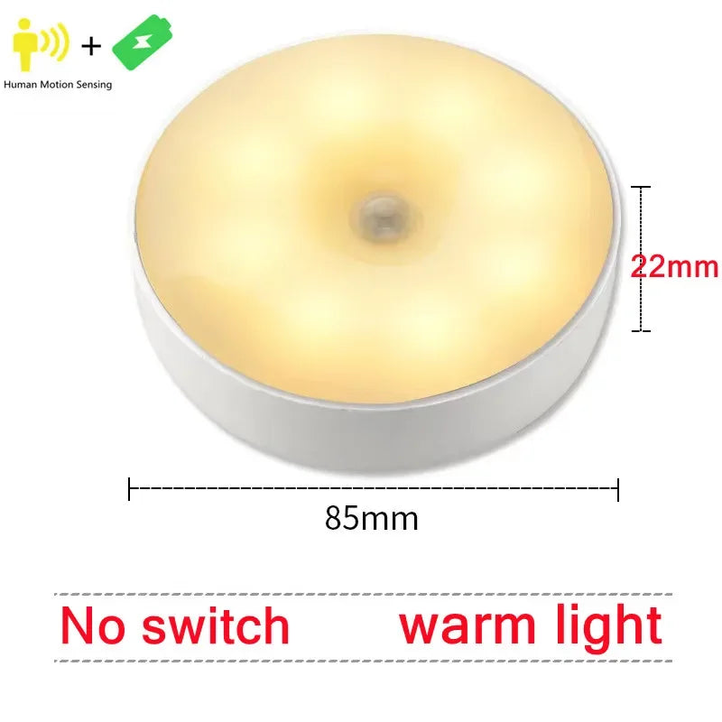 Motion Sensor Light LED USB NightLights Round Chargeable Lamp For Bedroom Kitchen Stair Hallway Wardrobe Lighting Cupboard Lamp